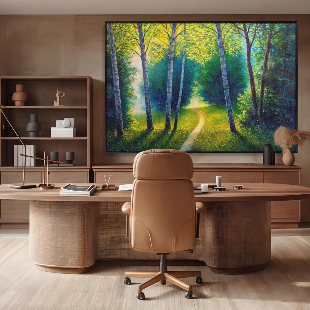 Tablou canvas cu tablou canvas cu alee prin padurea verde, in rama de aluminiu negru, pe perete intr-un birou